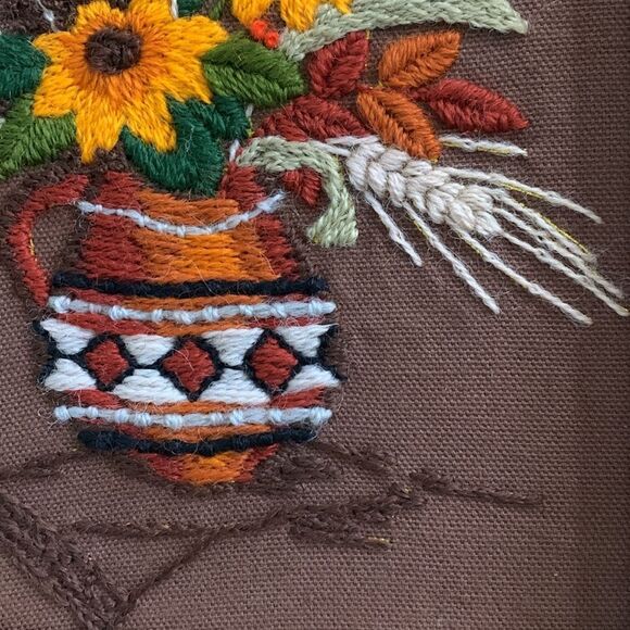 Cottagecore Handmade Wooden Framed Flowers In Pitcher Crewel Embroidery Wall Art - Picture 5 of 17